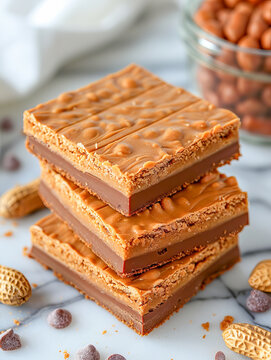 Stacked peanut butter chocolate dessert bars with peanuts
