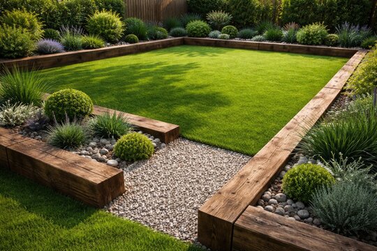 Wooden sleepers framing gravel garden with vibrant green lawn for outdoor design