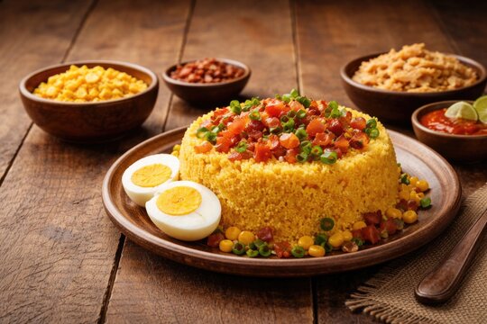 Brazilian Cuscuz meal displayed on natural wood table with empty copy space