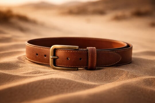 Isolated brown leather belt on desert sand with subtle background blur for clean product presentation