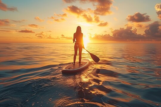 Woman paddleboarding on ocean enjoying golden sunset
