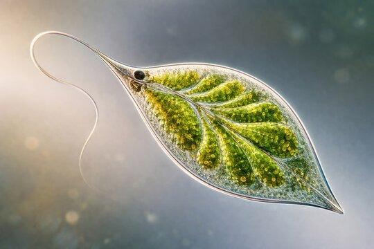Close-up of Phacus pleuronectes Euglenids flagellum and chloroplast structures under differential interference contrast with copy space