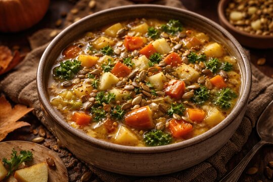 Hearty autumn vegetable soup with chunky apple and roasted seeds