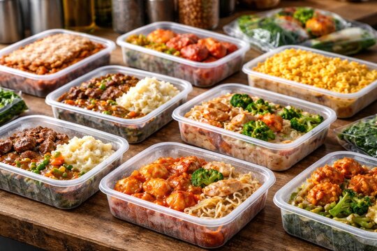 Selection of frozen dishes packed in clear trays ideal for rapid microwave warming and effortless meal making at home
