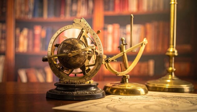 Intricate antique brass astrolabe and celestial navigation sextant instruments displayed on a wooden table near a library bookshelf