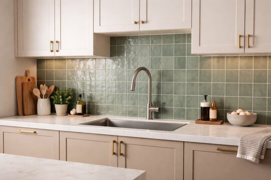 Contemporary kitchen interior showcasing a sink with modern faucet and beige white cabinetry against green tiled wall