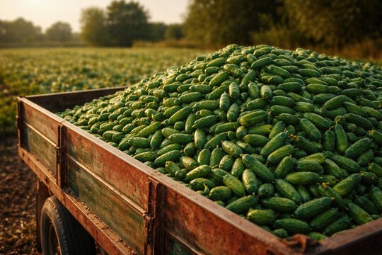 Harvested small green gherkins displayed in a farm trailer with copy space