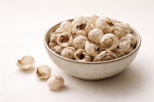 White soap nut shells in a ceramic bowl on a minimal plain backdrop