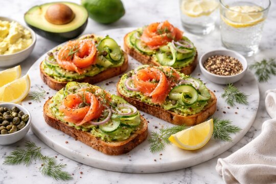 Fresh appetizer with avocado lox salmon and cucumber arranged on marble table for healthy brunch
