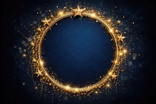 Special occasion circular gold frames with star adornments and glitter on deep blue background with copy space