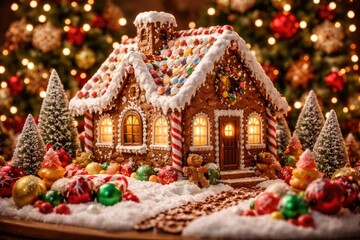 Fototapeta premium Gingerbread house celebrating Christmas with bright ornaments and seasonal embellishments