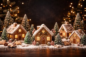 Fototapeta premium Christmas cookie village layout featuring decorated gingerbread houses on dark festive backdrop with copy space