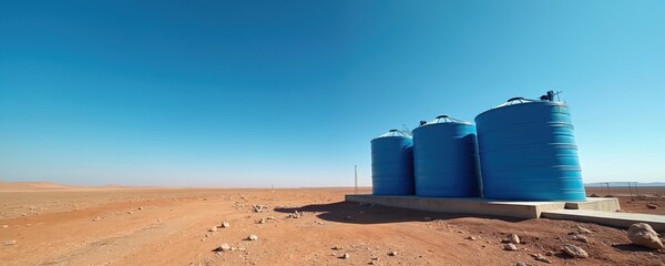 Large blue water tanks sit in barren desert landscape under clear sky. Industrial storage silos contrast sharply with arid, empty surroundings, suggesting vital resource management in dry region.