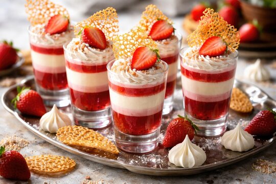 Delightful gelatin mousse served in stylish shot glasses with meringue strawberries and decorative tuile cookies