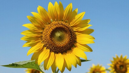 Fototapeta premium Sunflower head facing camera with clear blue sky background