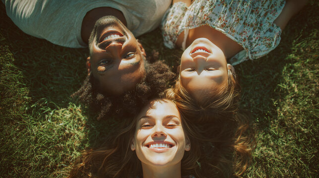 Happy parents and child lying on green grass and looking at blue sky, smiling family enjoying summer vibes, low angle shot of togetherness and happiness outdoors, family vacation and leisure concept