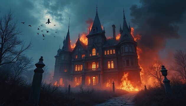 Gothic mansion burns fiercely at night. Flames engulf the old building while dark birds fly above. Smoke billows into the stormy sky. Eerie orange light illuminates the sinister scene.