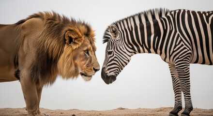 Naklejka premium Lion and Zebra Face Off in African Wildlife Close Up