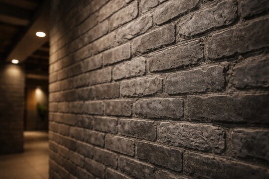 Angled view of a textured gray brick wall in an indoor environment