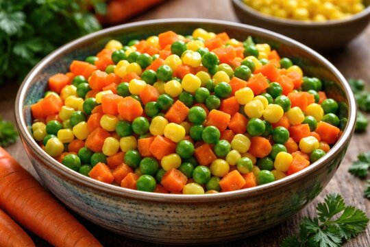 Colorful bowl filled with chopped carrots corn and green peas for a nutritious meal