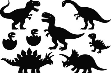 Black silhouette vector collection of wild jurassic dinosaurs, cute monster animals, and hatching baby reptiles for kids graphic design projects. © Designer Arjun