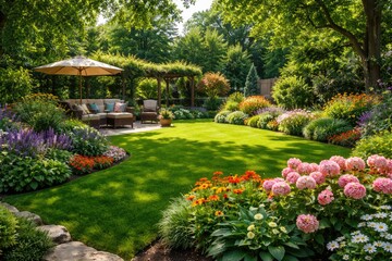 Obraz premium Summer backyard scene with vibrant green lawn and flowers
