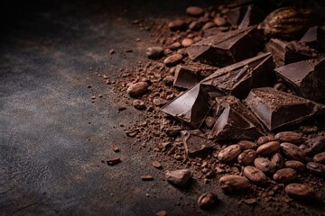 Fototapeta premium Dark chocolate shards mixed with cocoa beans on a culinary backdrop with copy space for design