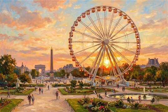 Paris Grand Ferris Wheel Sunset Place de la Concorde Impressionist Painting