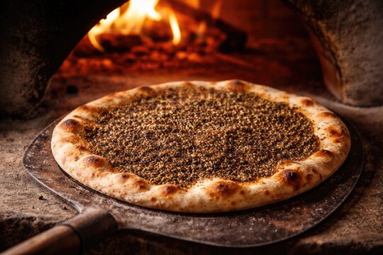 Traditional manouche pizza baked in a wood fired oven