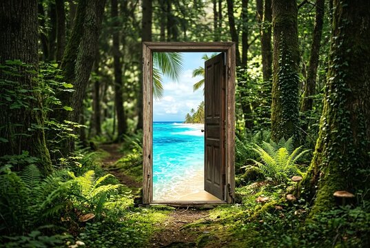Open wooden door in lush forest revealing vibrant tropical beach paradise