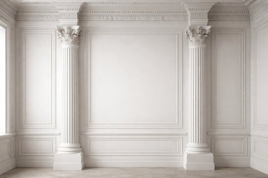 White plaster columns and pilasters featured on a clean gypsum wall surface