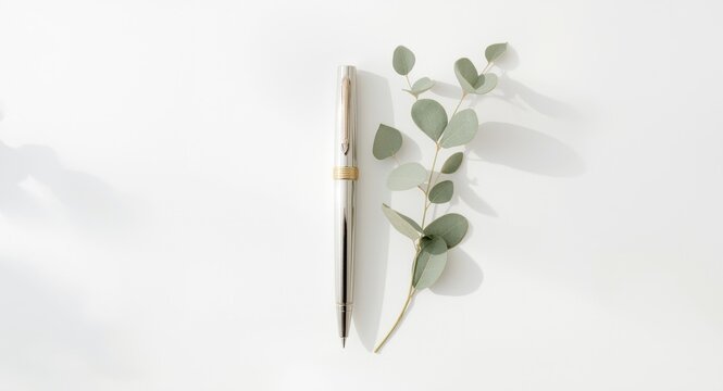 Vintage inspired wedding invitation featuring elegant calligraphy pen alongside eucalyptus sprig on pure white background