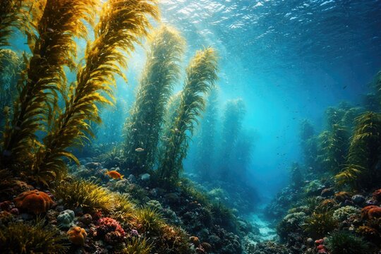 Vibrant underwater scene showcasing Macrocystis pyrifera amidst rich marine biodiversity with copyspace