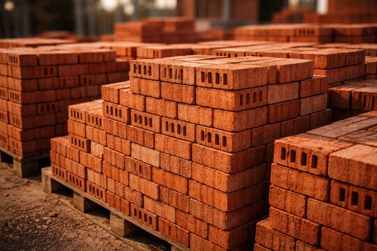 Red bricks stacked as a common building material in construction industry