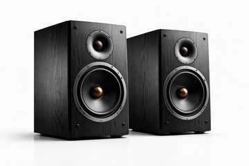 Fototapeta premium Black wooden speakers with modern design on a clean white background