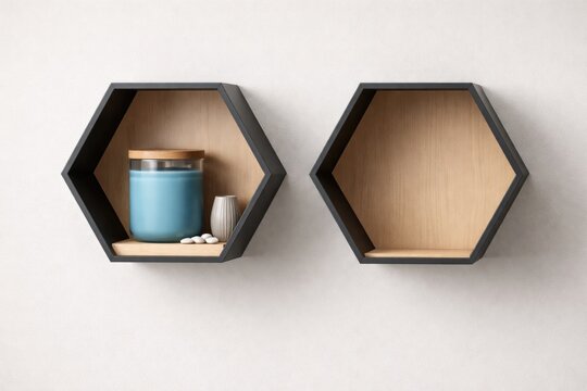 Stylish floating hexagon shelves displaying blue candle alongside blank copy space