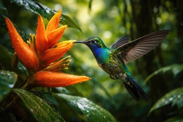 Fototapeta premium Tropical hummingbird exploring bright orange flower in dense forest