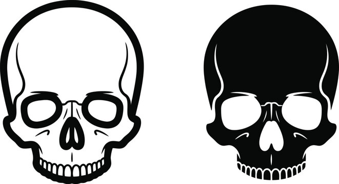 Human skull illustration set, solid and outline skeleton head icons isolated on white background for tattoo design vector collection