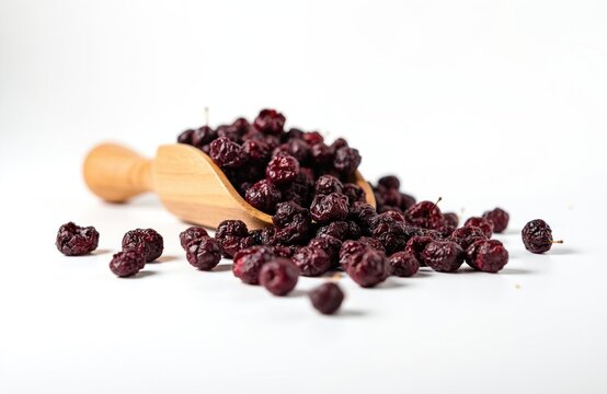 Heap of dried cherries sits in wooden scoop on white background. Small dark red fruits scattered near scoop. Tasty organic snack for healthy eating.