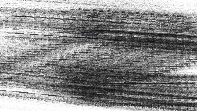 Abstract black white glitch effect background with heavy horizontal noise scanline texture, monochrome digital distortion for modern art