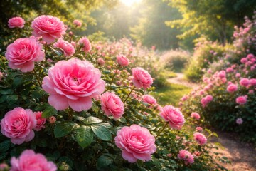 Fototapeta premium Charming Garden Scene Featuring Bright Pink Roses in Full Bloom