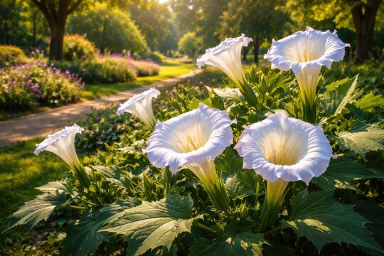 Jimson Weed blooming vibrantly in a sunny park garden