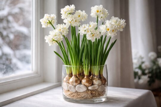 Winter forced white paperwhite narcissus bulbs displayed in a tidy vase