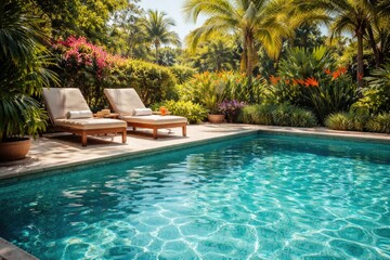 Obraz premium Sunlit swimming pool reflecting clear water near relaxing lounge chairs and vibrant plants copy space