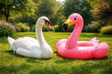 Obraz premium Joyful pet swan and lively flamingo float together on a vibrant green grass lawn summer day full length
