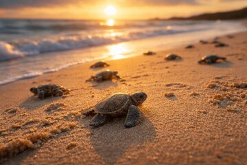 Obraz premium Tiny sea turtles playfully moving across coastal sand during sunrise