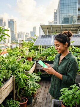 Smiling woman using smartphone in sustainable urban rooftop garden with solar panels