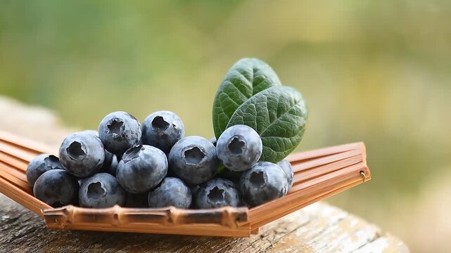Blueberry fruits and green leaves on natural background.