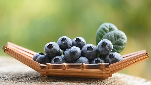 Blueberry fruits and green leaves on natural background.