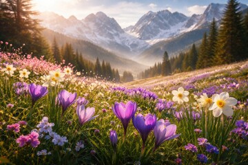 Obraz premium Vibrant spring alpine landscape featuring purple narcissus and crocus flowers under soft morning sunlight